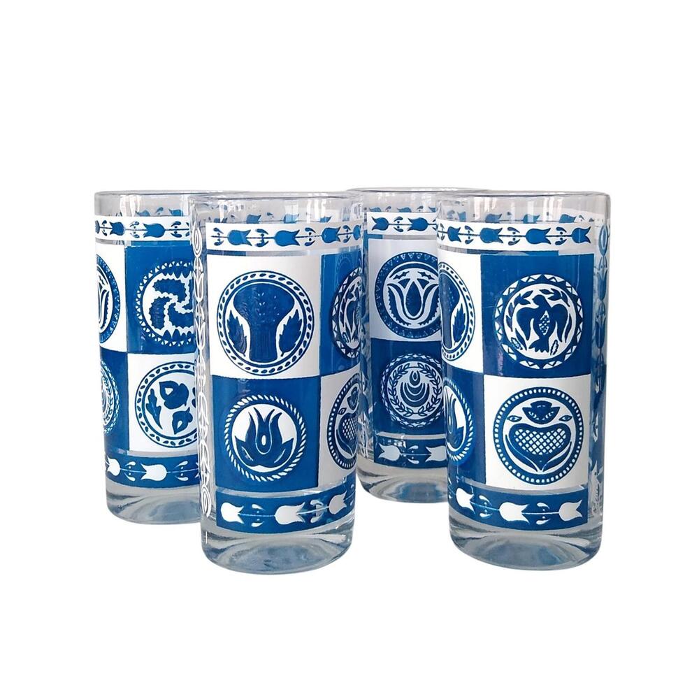 Vintage Colony Highball Glasses with Blue & White Boho Folk Design
